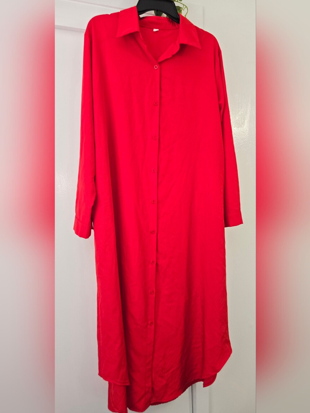 Bright Red Button-Front Long Shirt Dress